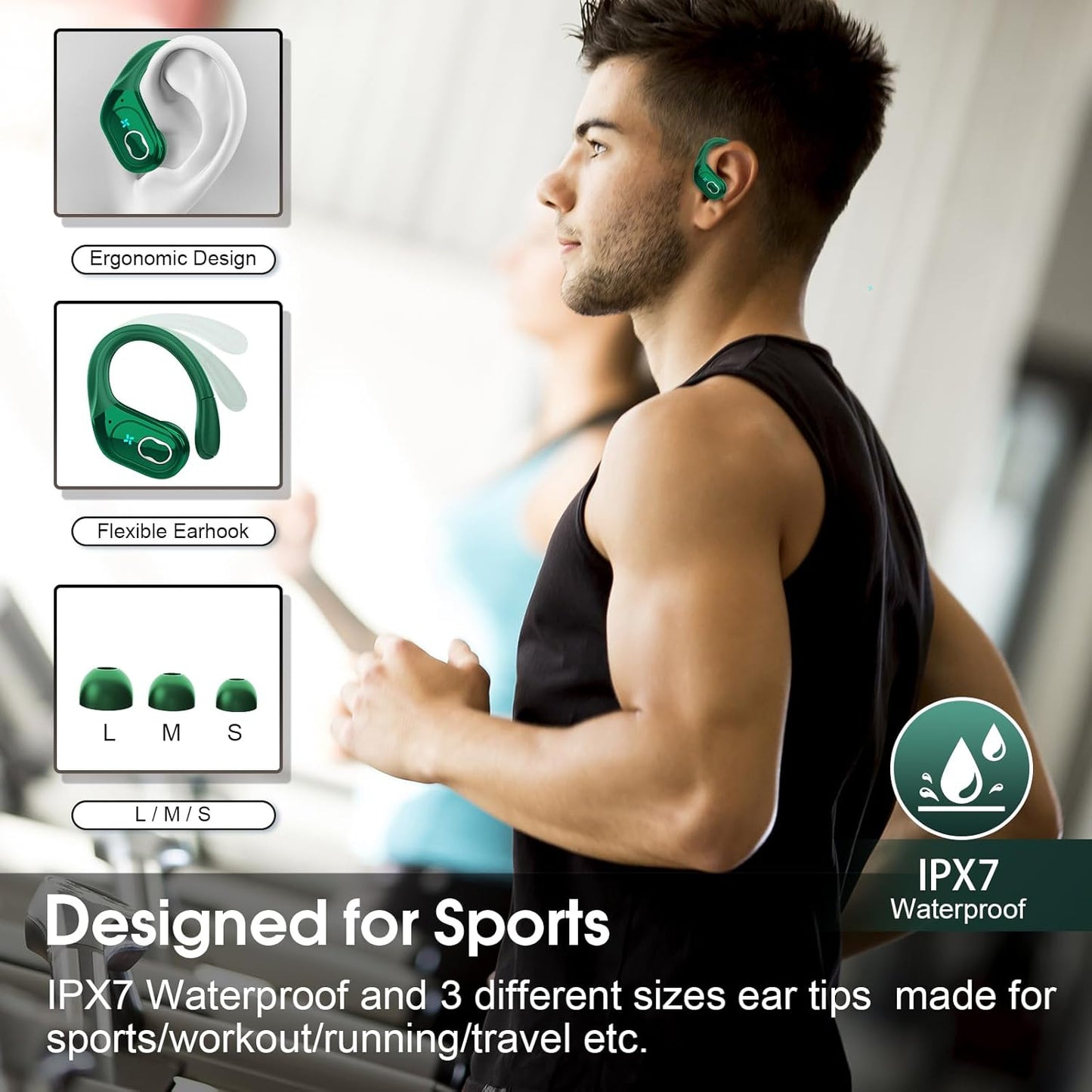STECEi Wireless Earbuds 75hrs Bluetooth 5.4 Headphone Sport, Bluetooth Earbuds HiFi Stereo Over Ear Bud with Earhooks, ENC Noise Cancelling Mic, IP7 Waterproof Wireless Earphone for Workout/Running - PuriLite
