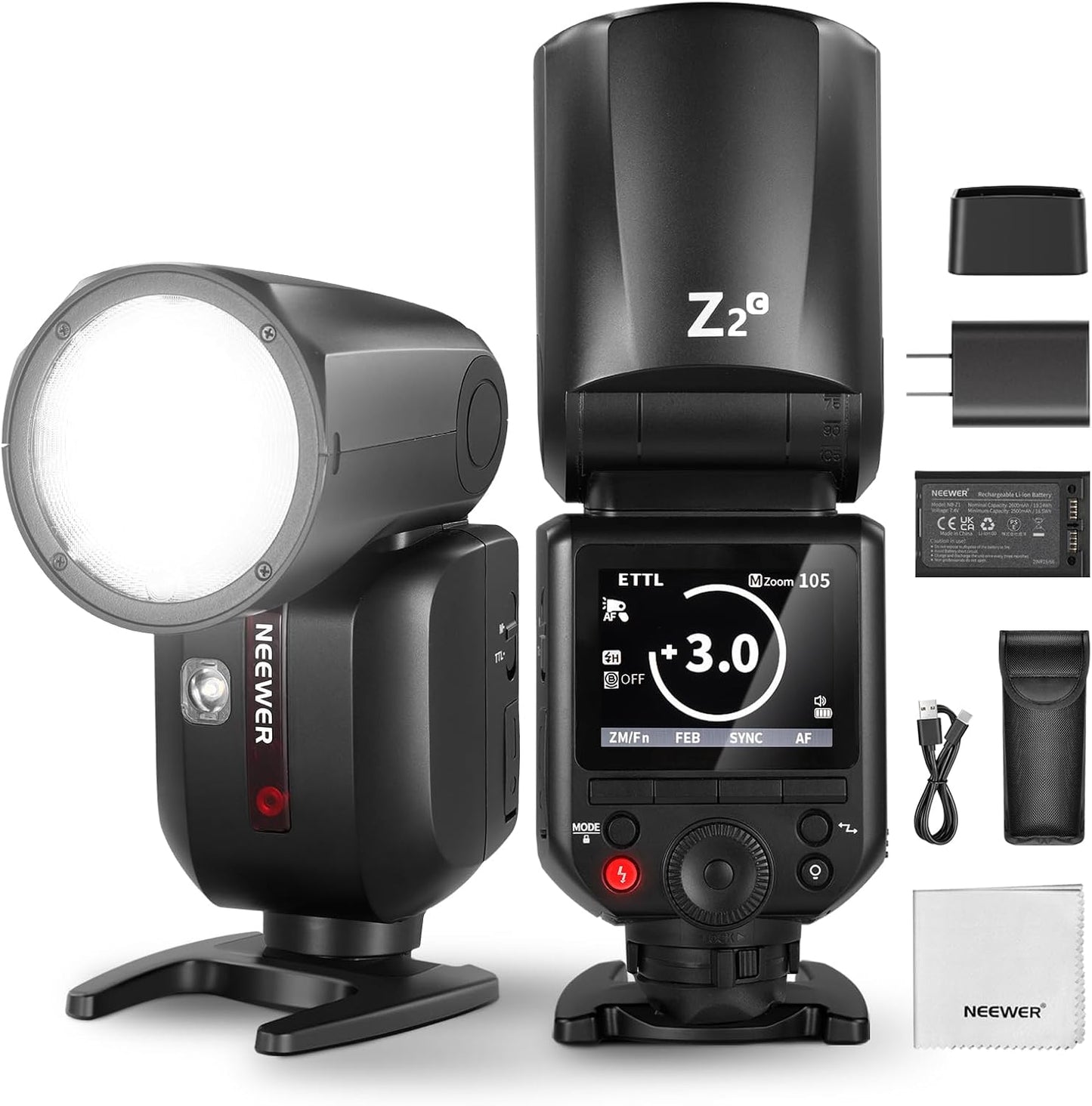 NEEWER Z2PRO-C 2.4G TTL Round Head Flash Speedlite Compatible with Canon, Wireless Compatible with Godox, Upgraded UI, 76Ws 1/8000s HSS, TTL/M TCM Switch, 7.2V/3000mAh Battery, 600 Full Power Flash