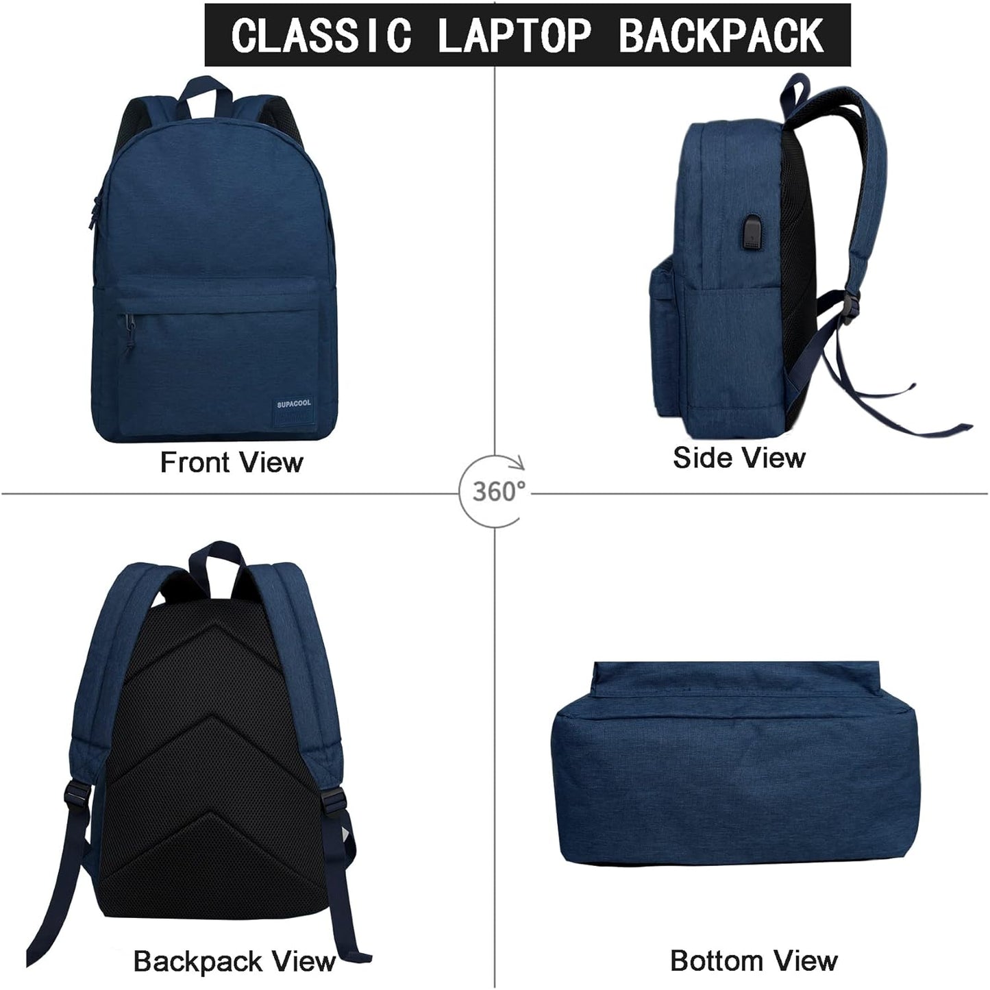 SUPACOOL Casual Laptop Backpack with USB Charging Port for Men and Women, School Bookbag for College, Lightweight Pack Back(Dark Black)