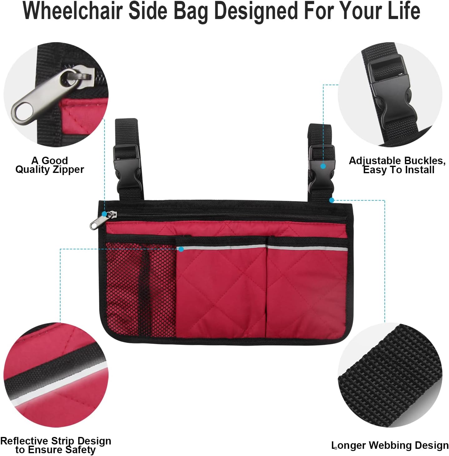 Wheelchair Side Bag, Wheelchair Armrest Storage Pouch with Cup Holder and Reflective Strip for Wheelchairs, Walkers or Rollators (Black)
