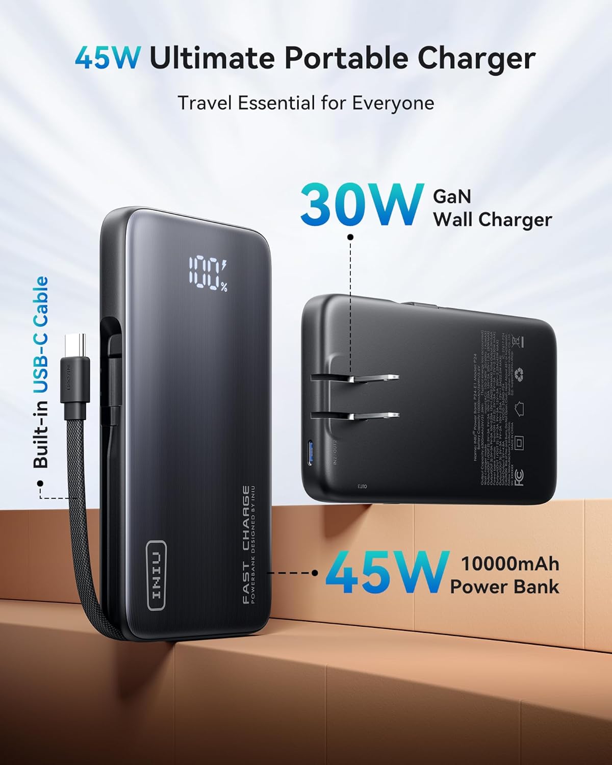 INIU 3-in-1 Portable Charger, Slim 10000mah Power Bank with Built-in USB C Cable and Foldable AC Plug, 45W PD Fast Charging Battery Pack, Travel Charger for iPhone 16 15 Samsung S23 S22 Google etc