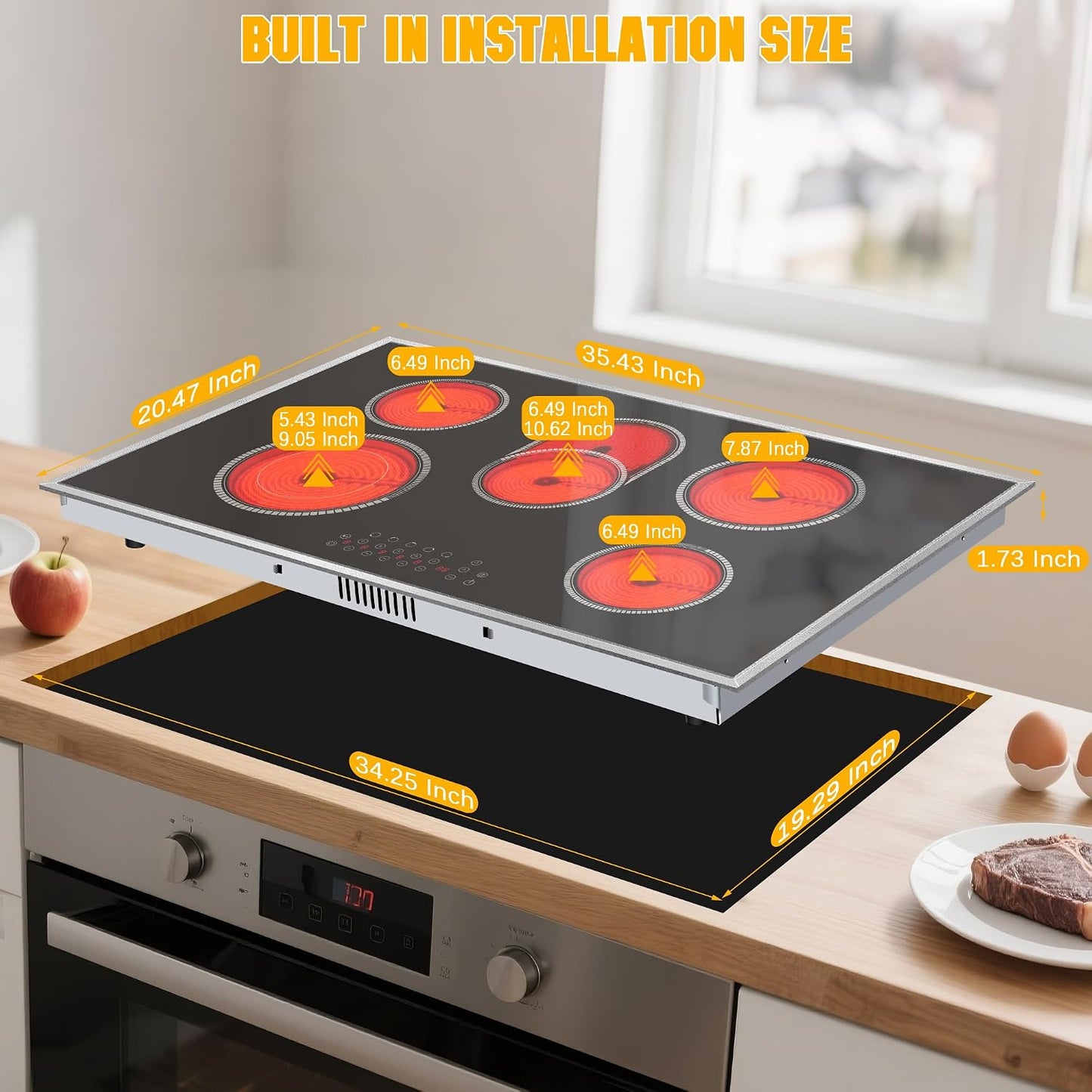 Electric Cooktop 36 Inch, 5 Burners Electric Stove Top Touch Control, 8400W Built-in Ceramic Stovetop 36" with Expandable Zone, Child Lock, Timer, Pause Control, 220-240v Hardwired (No Plug)