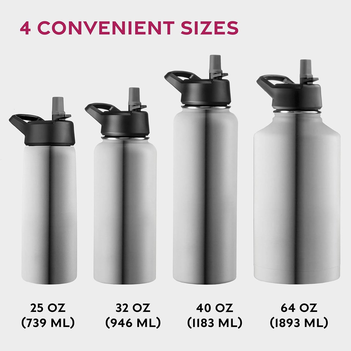 FineDine Water Bottle - Stainless Steel Insulated Water Bottle with Straw Lid, Flip Lid & Wide-Mouth Cap - Keeps Hot and Cold - 25 Oz / 739ml - Pure Pearly White