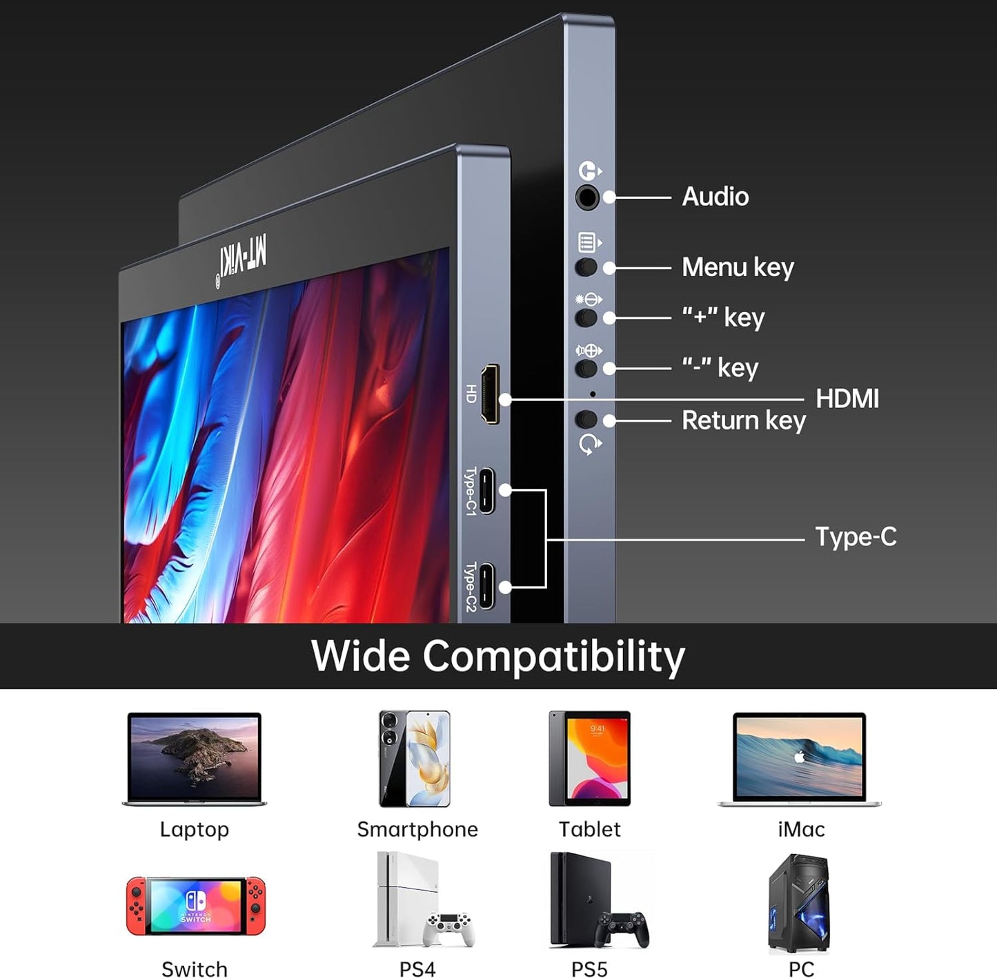 MT-VIKI 15.6 inch Laptop Screen Extender, Potable Screen for Laptop Only One USB-C Cable Connection, Compatiable with Win/Mac (M1,M2, M3), FHD 1080P, 360° Rotation