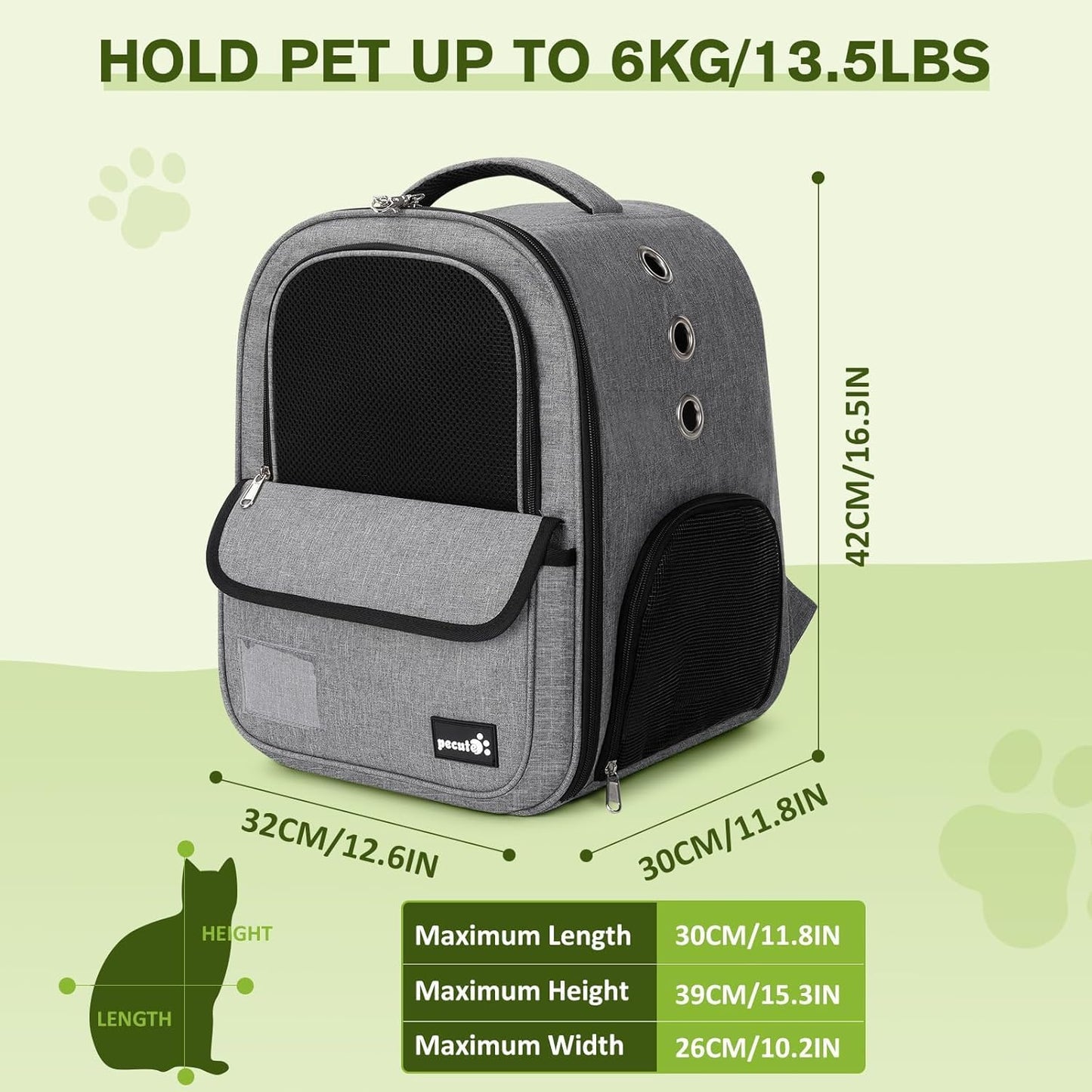 Pecute Cat Backpack up to 13 lbs, Cat Backpack Carrier with Breathable Scratch-Resistant Mesh, Visible Window, 2 Side Openings, Backpack for Cats, Puppies or Rabbits,Great for Travel Hiking Camping