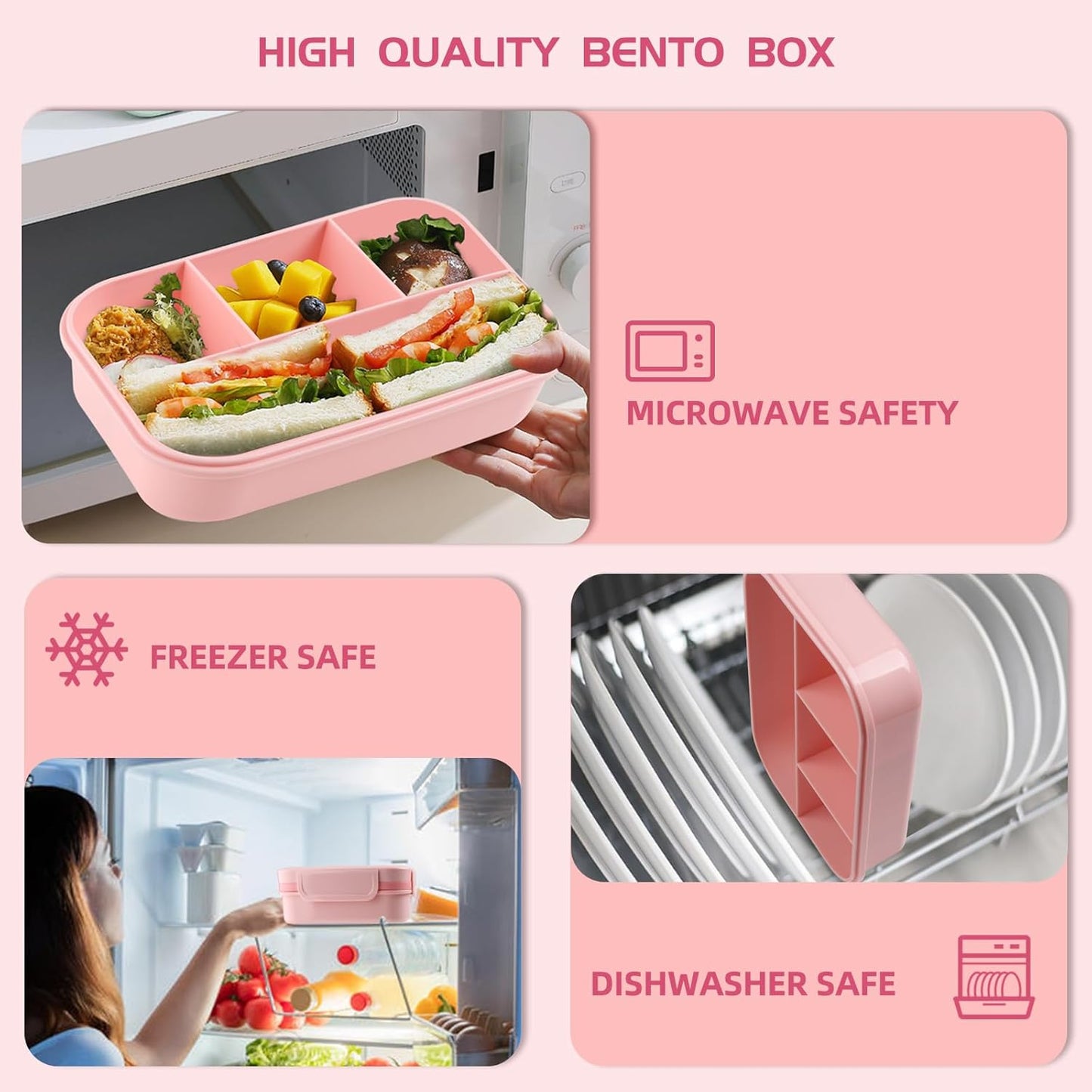 Bento Box Adult Lunch Box -2000 ML Stackable Bento Lunch Box Container with 8 Compartments,Leak-Proof Lunch Containers,Built-in Sauce Container,Utensils,Microwave/Dishwasher/Freezer - Pink