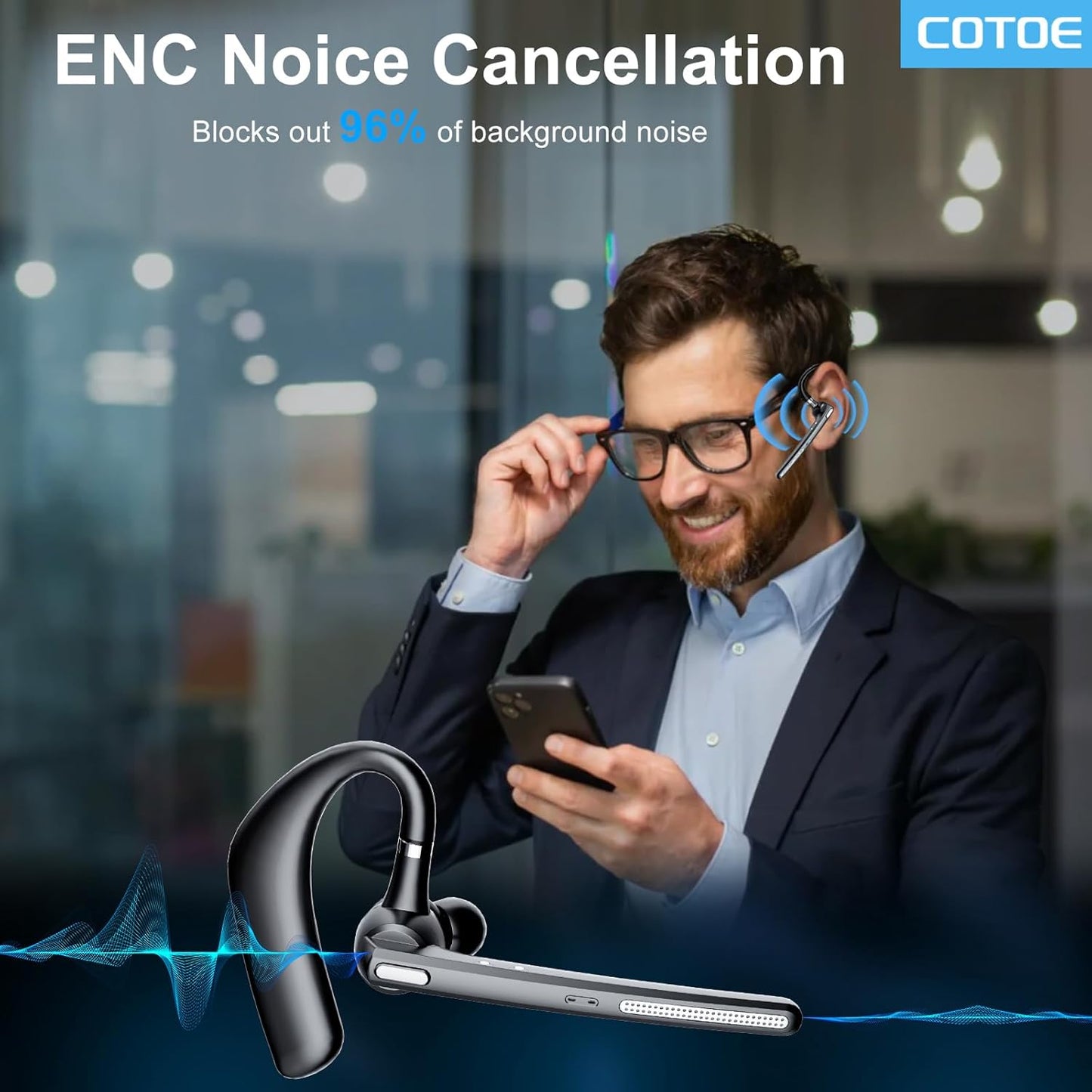 Bluetooth Headset, Bluetooth Earpiece V5.3 with Noise Cancelling Mic, Wireless Headset Hands-Free with High Capacity Battery LED Display Charging Case, Single Ear Headphones for Office/Trucker