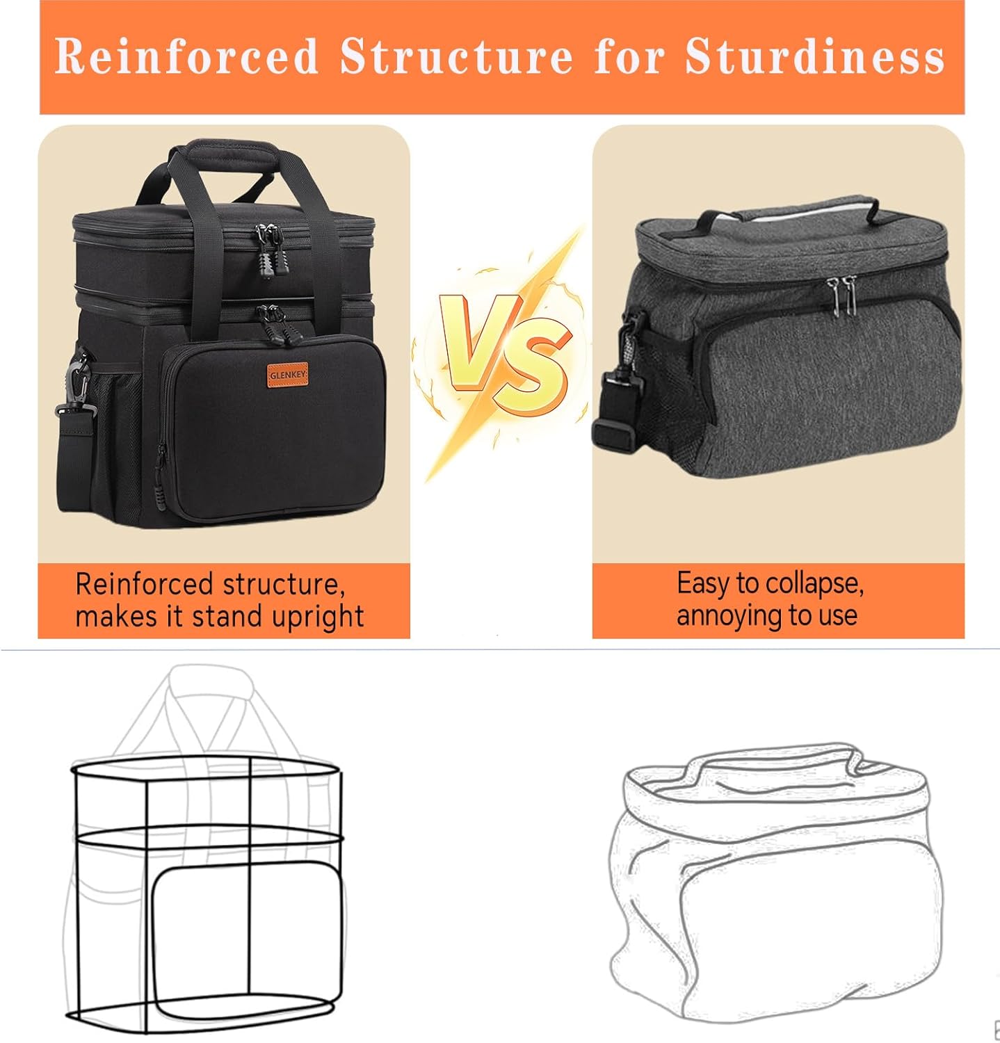Expandable Large Lunch Bag, Double Deck Insulated Lunch Box Leakproof Durable Soft Cooler Bag for Men Women Adults Work Construction Beach Picnic Daytrip,16L,Black, GLENKEY