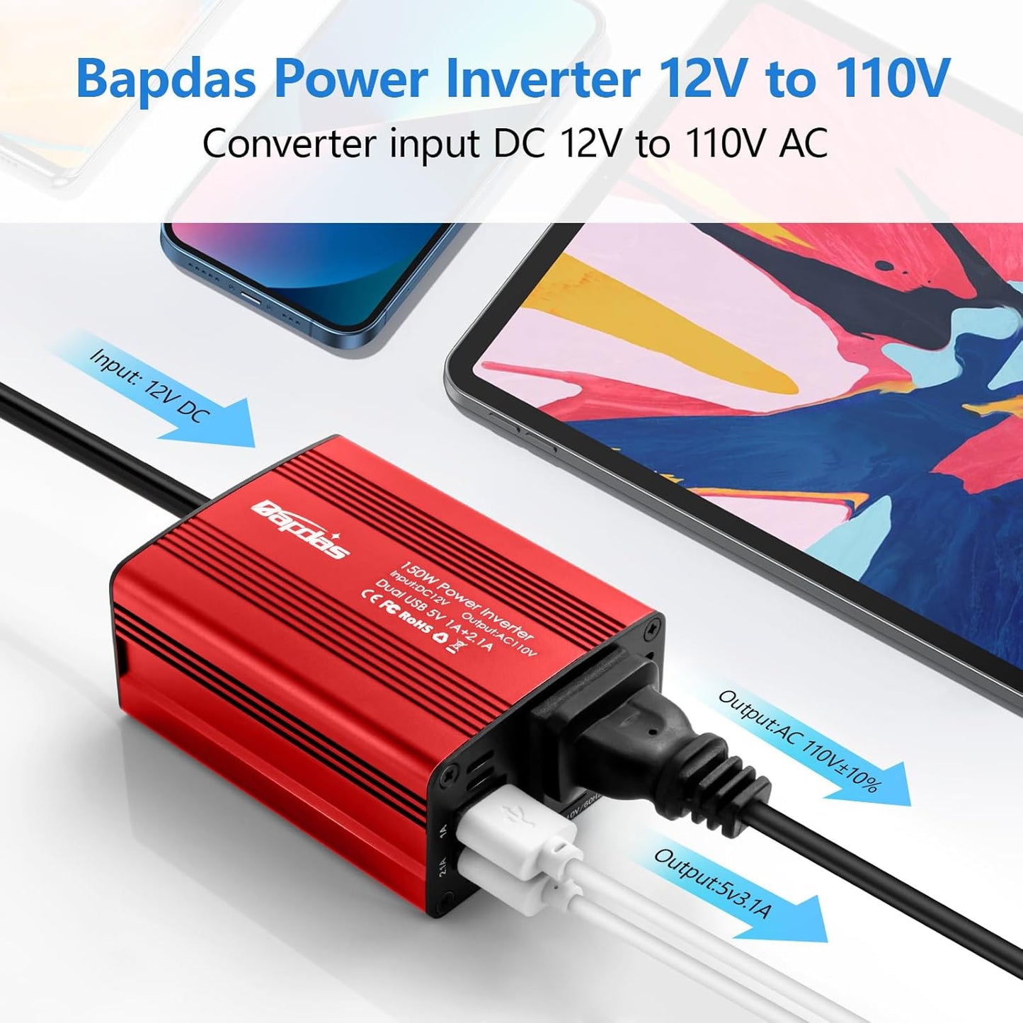 Bapdas 150W Car Power Inverter with 1 DC 12V to 110V AC Outlet Converter and 2 USB Ports Auto Charger Adapter for Laptops and Smartphones-Black