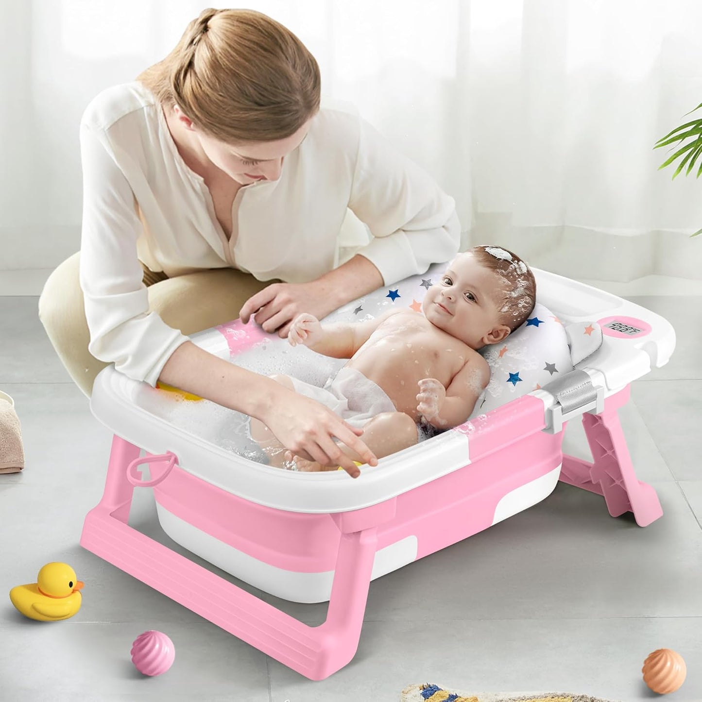 Collapsible Baby Bathtub,Baby Bath Tub with Thermometer & Soft Cushion,Baby Bathtub for Newborn to Toddler 0-36 Months,Portable Travel Baby Tub with No-Slip Feet,Baby Shower Gifts,Lavender