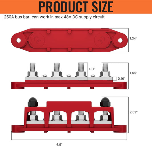 Joinfworld Bus Bar 12V 250A Power Distribution Block with 4 x 3/8" Studs 12 Volt Marine Battery Busbar Terminal Block with Cover - Negative&Positive