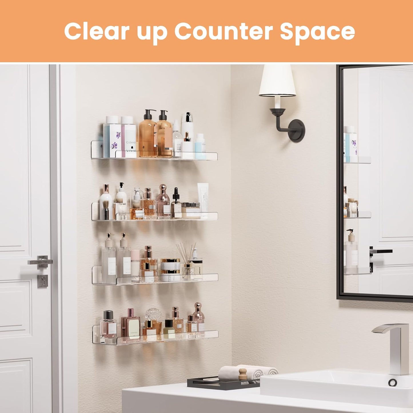 upsimples Clear Acrylic Shelves for Storage, 15" Floating Shelves Wall Mounted for Kids Bookshelf/Display Ledge for Bedroom, Living Room, Bathroom, Kitchen, Set of 4