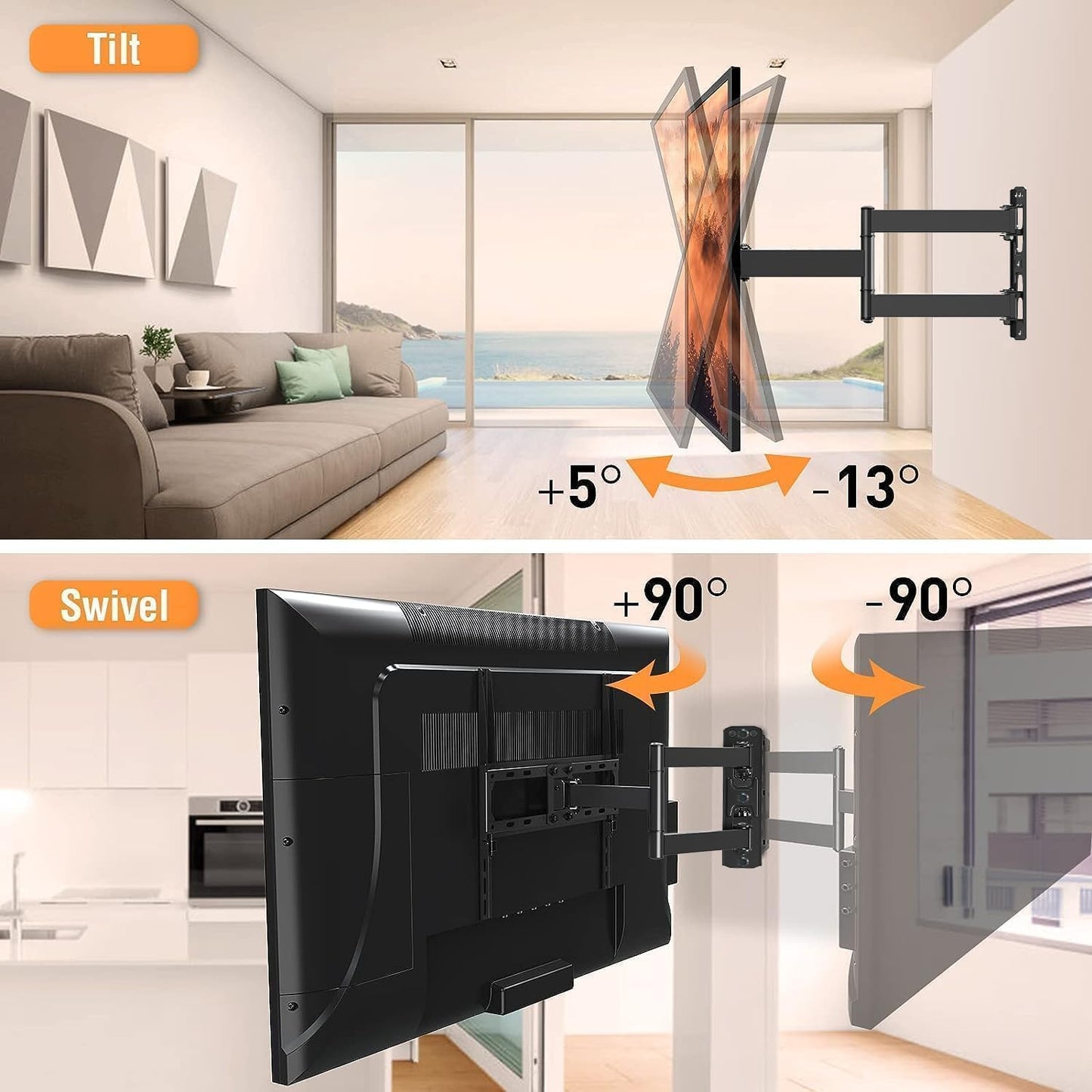 TV Wall Mount Swivel and Tilt for Most 26-55" Flat Curved TVs, Corner TV Mount Single Stud for Perfect Center, Max VESA 400x400mm, 77 lbs. Full Motion Wall Mount TV Bracket by ELIVED