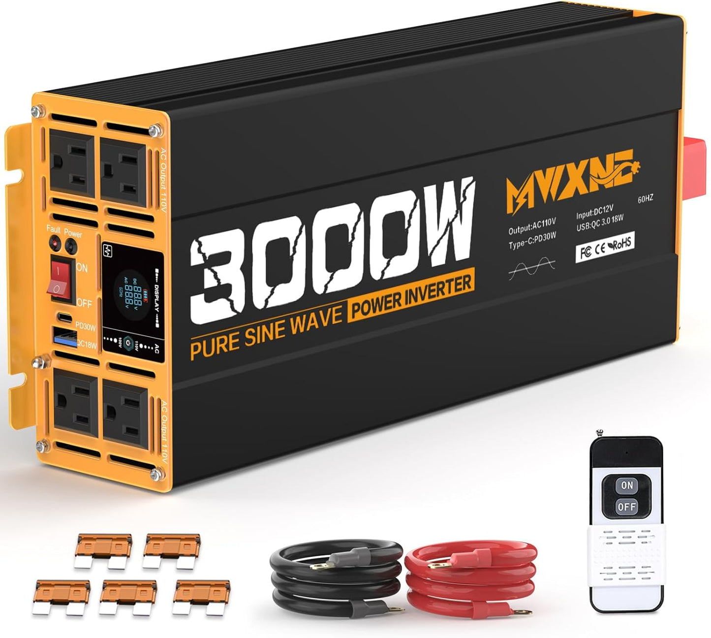 MWXNE 2000W Pure Sine Wave Inverter 12V DC to 110V 120V AC Car Converter for RV Truck Off-Grid Solar Power Inverter with 4 AC Outlets, USB/Type-C Fast Charging Ports, LCD Display, Remote Control