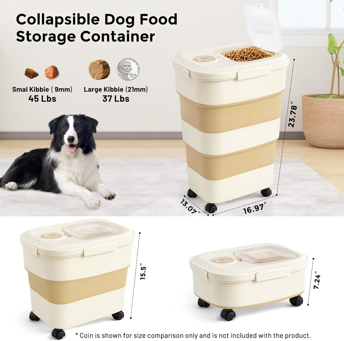 ZOMISIA 40-50lbs Collapsible Dog Food Storage Container with Wheels, Scoop