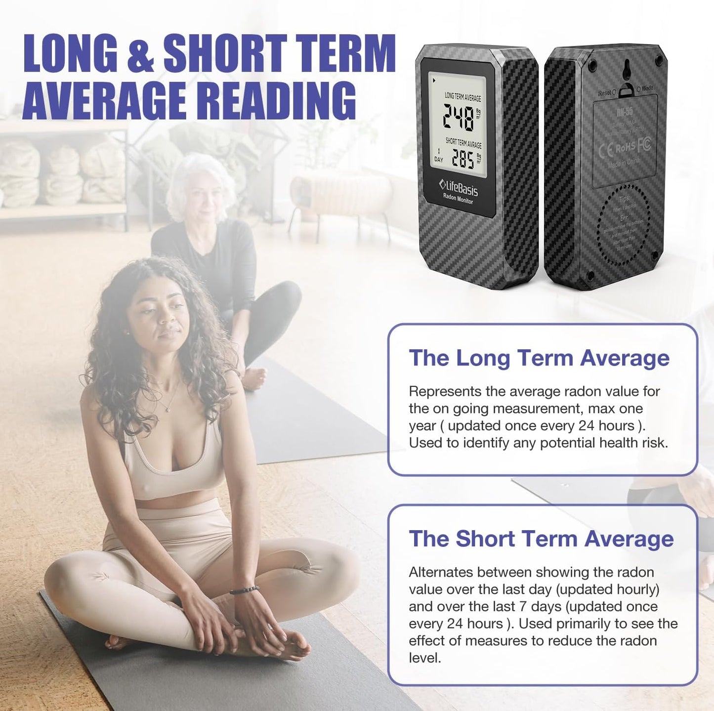 Life Basis Radon Detector for Home Radon Tester Portable with Large Screen Long and Short Term Radon Monitoring Battery Operated, Canadian Version in Bq/m - Dark Grey