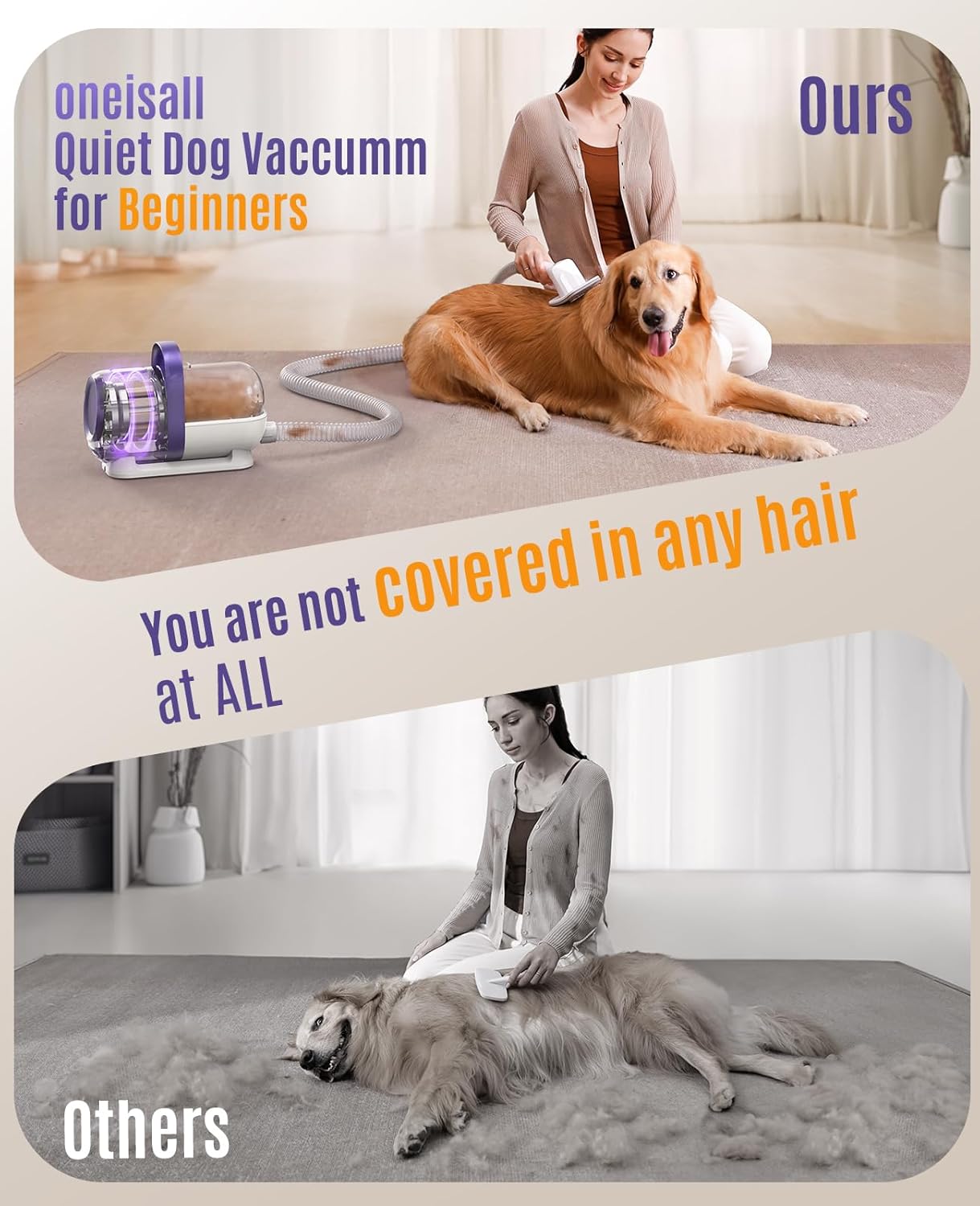 oneisall Dog Hair Vacuum & Dog Grooming Kit/Low Noise Dog Grooming Vacuum12kpa,Dog Vacuum for Shedding Grooming for Pet Hair&Home Cleaning - PuriLite
