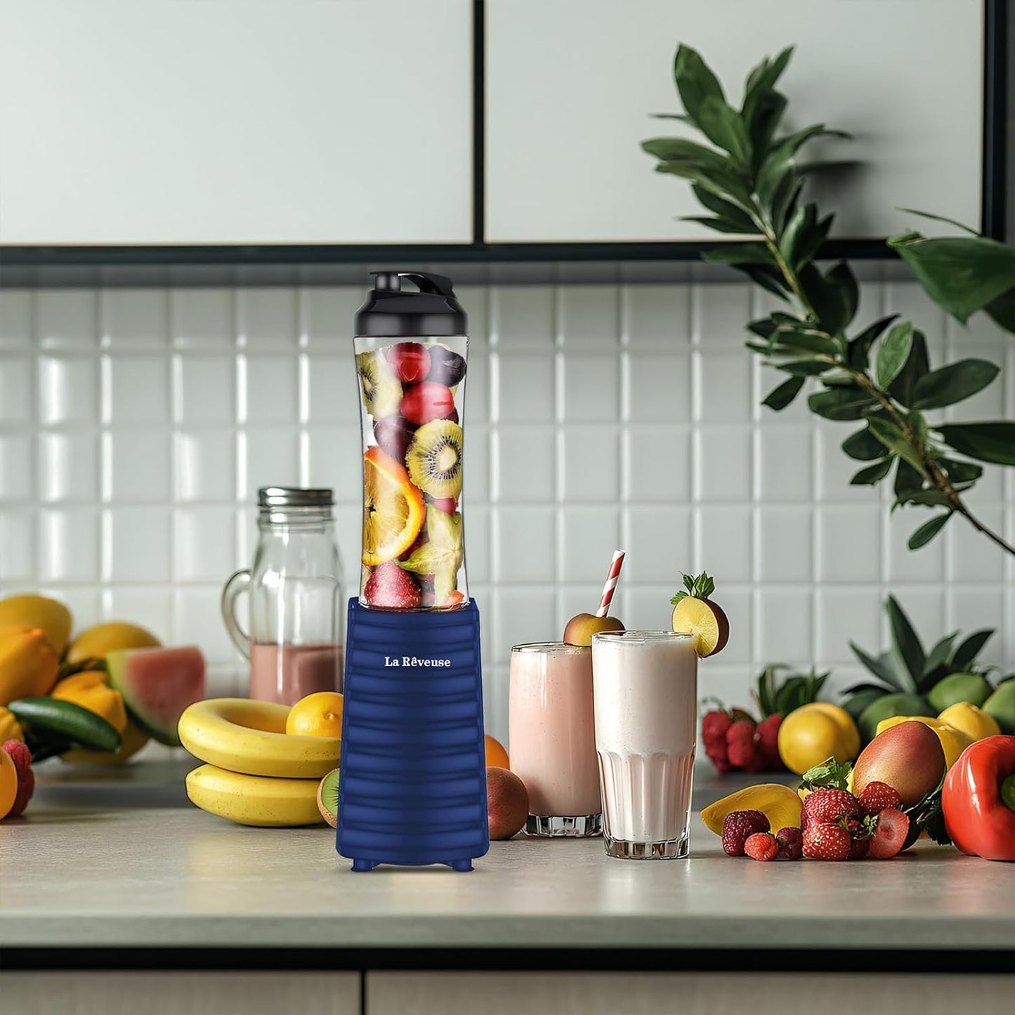 La Reveuse Smoothies Blender Personal Size 300 Watts with 2 Pieces 18 oz BPA Free Portable Travel Sports Bottles (Silver 2 Cups)