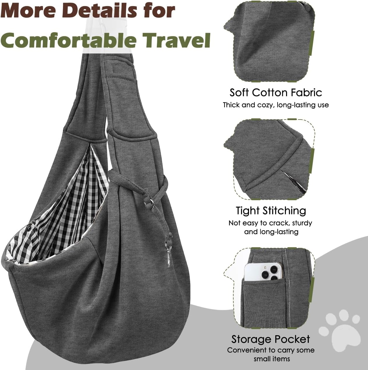 Pawaboo Small Dog Sling Carrier, Reversible Hands Free Dog Sling Carrier for Small Dogs and Cats, Puppy Sling Carrier with Adjustable Strap Buckle & Safety Harness, Puppy Essentials, Grey