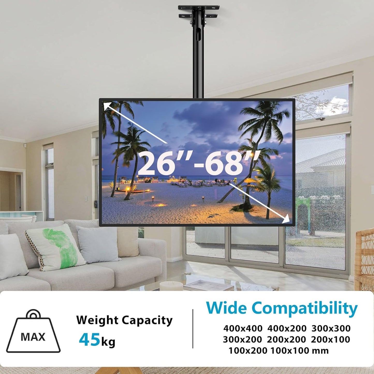 JXMTSPW TV Ceiling Mount for 26-68 inch Flat Screen Fits Most LCD LED OLED 32 43 50 55 60 65" TVs Monitor, Full Motion Height Adjustable TV Bracket up to 45kg Max VESA 400x400mm Hanging TV Mount