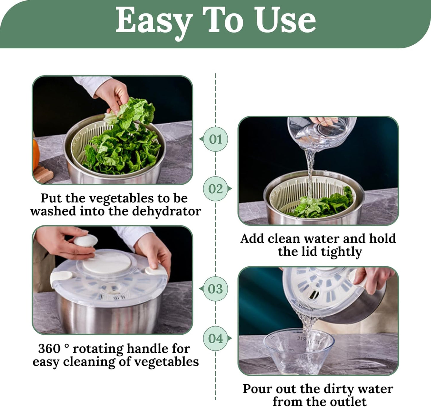 Salad Spinner 5L Dual Layer Stainless Steel & PP Lettuce Spinner with Lid & Rotating Handle Multi-Purpose Quick Dry Fruit and Vegetable Wash for Kitchen