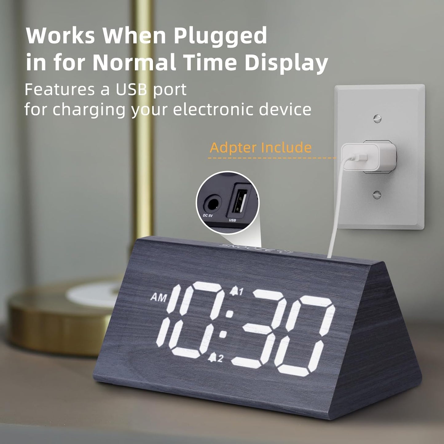 Odokee Wooden Digital Alarm Clock for Bedroom: Electric Desk Clock with Large LED Display - Brown