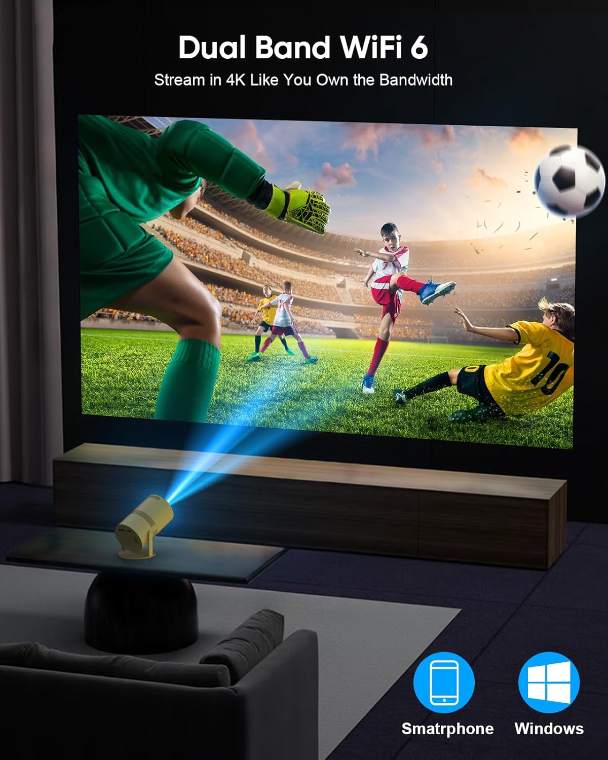 【Short Throw/Built-in Apps】 1080P Smart Mini Projector with WiFi 6 and Bluetooth, Auto Keystone Outdoor Movie Projector, 270°Adjustable Home Portable Projector for Phone/TV Stick/Laptop/HDMI