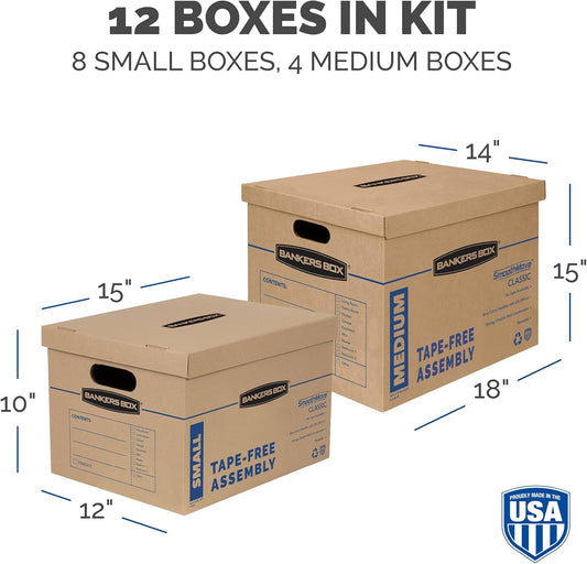 Bankers Box SmoothMove Classic Moving Kit Boxes, Tape-Free Assembly, Easy Carry Handles, 8 Small 4 Medium, 12 Pack(7716403) - PuriLite