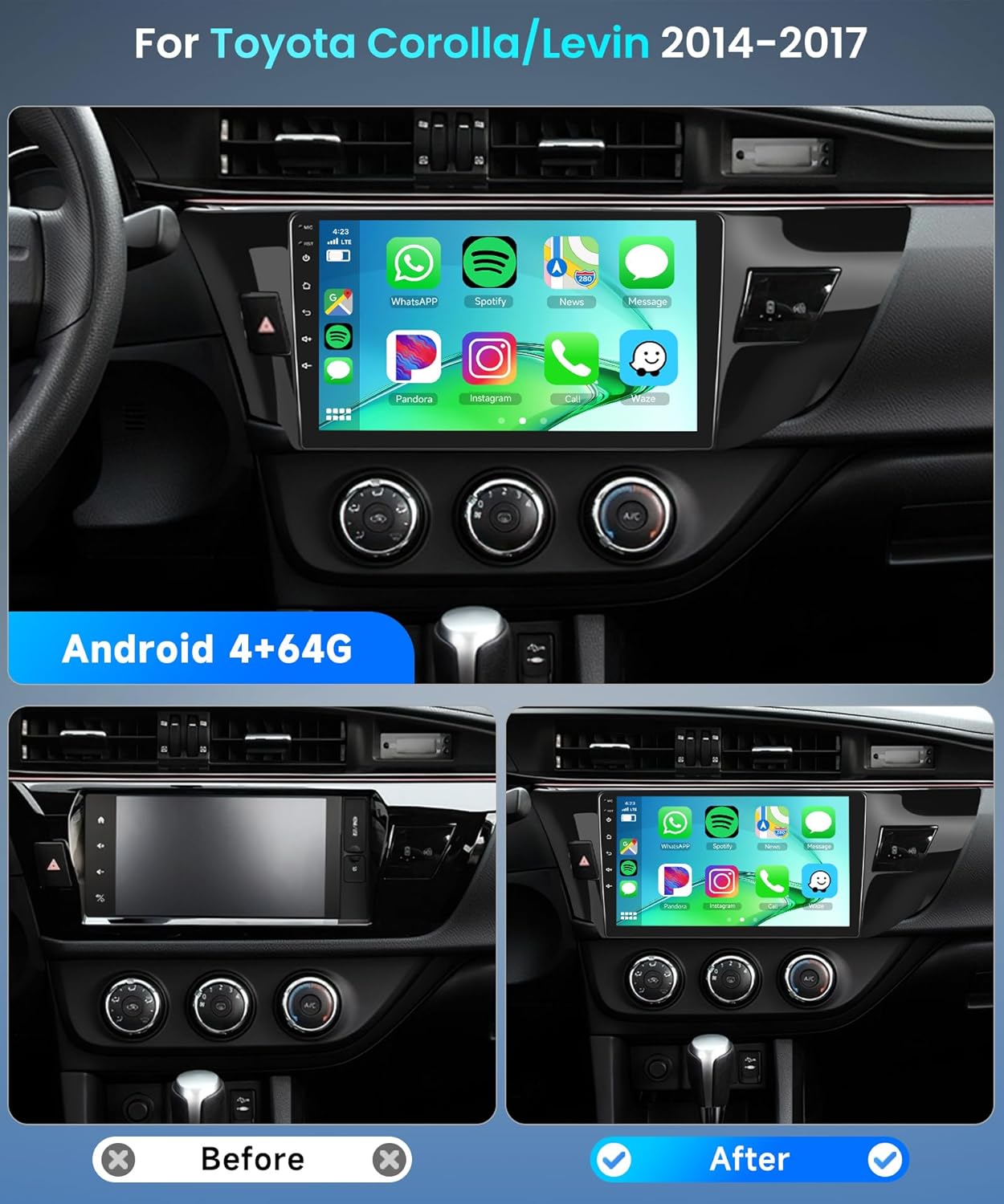 4+64G Android Car Radio Stereo for Toyota Corolla/Levin 2014-2017 with Wireless Carplay Android Auto, 10'' Touch Screen with Bluetooth GPS Navigation Mirror Link WiFi FM/RDS DSP AHD Backup Camera SWC