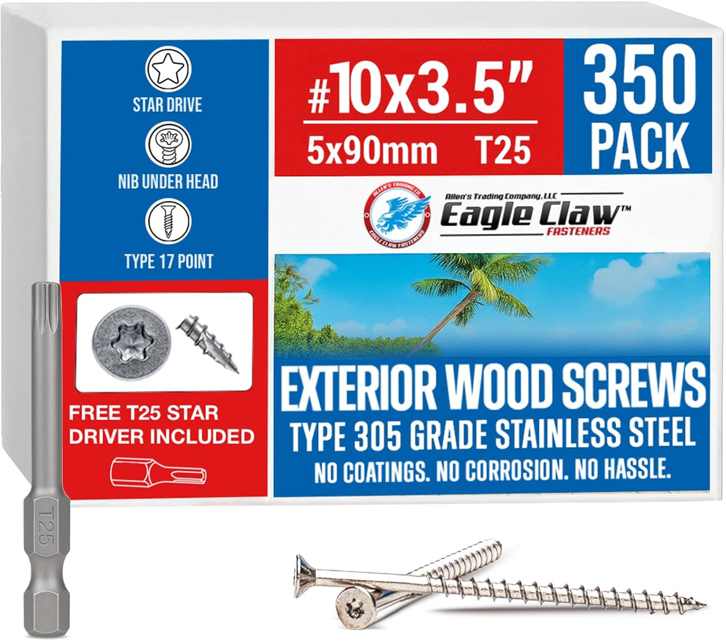 #10 x 3 Inch Stainless Steel Deck Screws 350 Pieces | T25 Star Torx Drive Flat Head | 304 Grade Stainless Steel Wood Screws High Corrosion Resistance by Allen's Trading Co. Eagle Claw Fasteners
