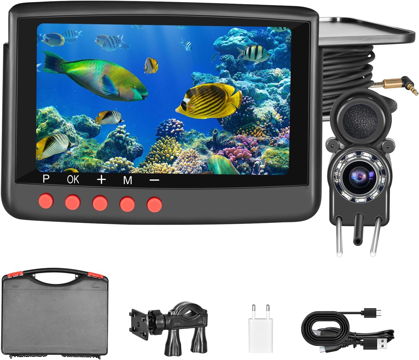 Underwater Fishing Camera Fish Finder, Portable Fish Camera with 5 Inch 4K Display, IR Night Vision, 220° Ultra Wide Angle, Waterproof Fish Depth Finders for Ice Lake Sea Boat Kayak Fishing