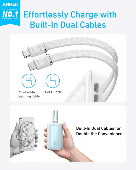 Anker Zolo Power Bank, 10,000mAh 30W Max Fast Portable Charger with Built-in USB-C and MFi Certified Lightning Cables, USB-C&A, Battery Pack for iPhone 16/15 Series, MacBook, Galaxy (White)