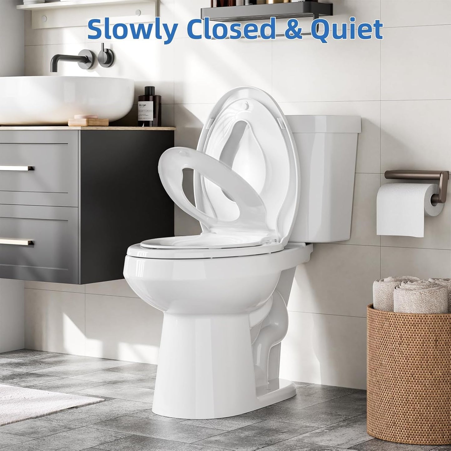 Homfan Elongated Soft-Close Toilet Seat with Built-in Toddler Potty Training Seat – Easy Installation, Durable & Quiet Close, Fits Adult & Child, Includes Quick-Detach Hinges