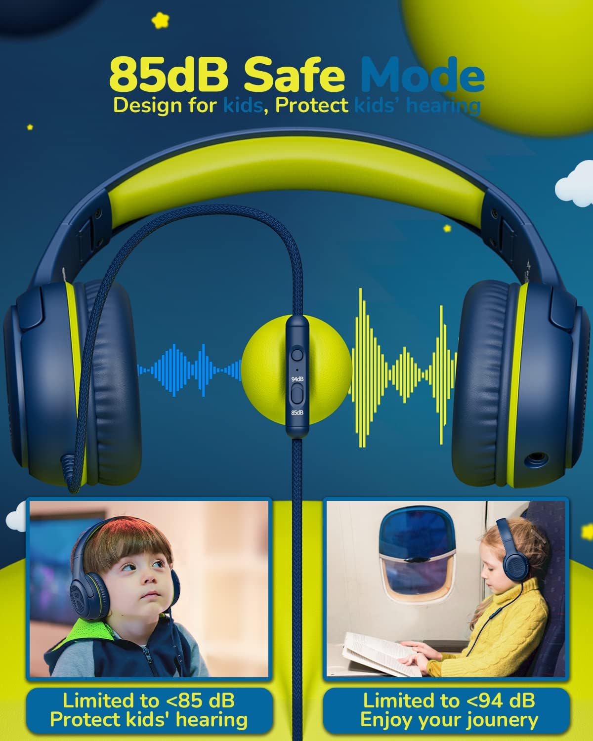 awatrue Kids Headphones with Microphone, Wired Headphones for Kids 85/94dB Safe Volume Limit, Over Ear Headsets, Boys Girls Childrens Headphones for School/Travel/Fire Tablet/BlueOrange