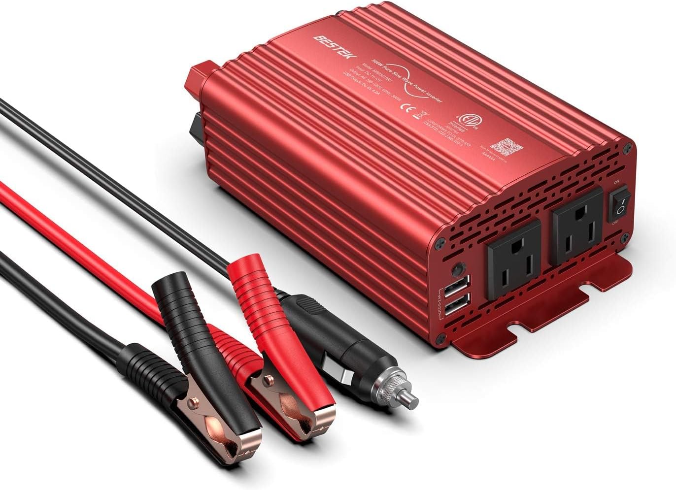 BESTEK 300Watt Pure Sine Wave Power Inverter - DC 12V to AC 110V Car Plug Inverter Adapter, Power Converter with 4.8A Dual USB Charging Ports and 2 AC Outlets Car Charger