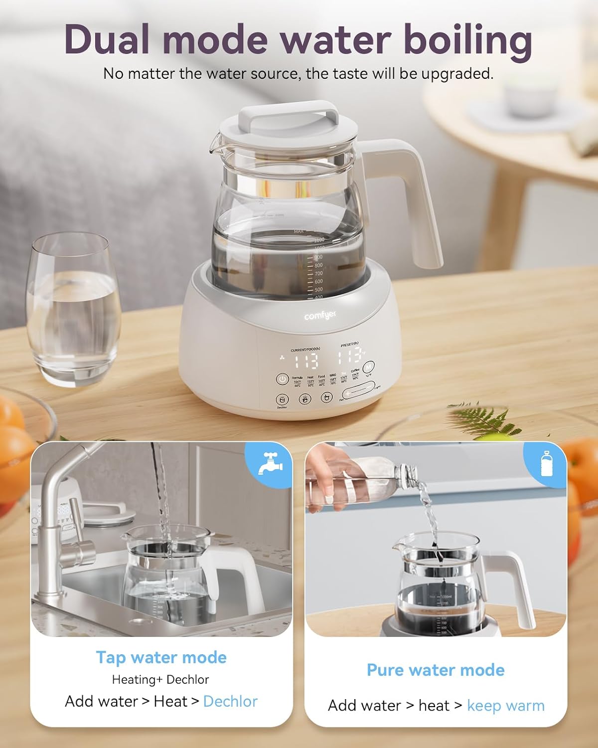 comfyer BK01 Bottle Warmer, Bottle Warmer with Night Light and Faster Cooling Fan, Instantly Water Warmer, Tea Kettle Electric with 6 Temperature Control Presets, Feed Baby More Easier and Healthier