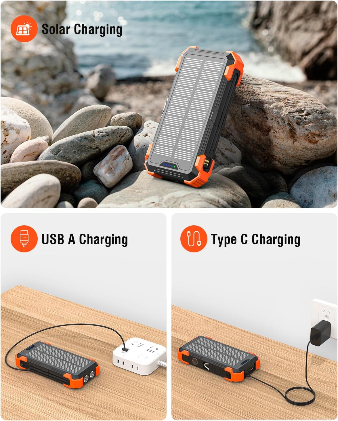 Sudrov Solar Charger Power Bank, 42800mAh Portable Charger with USB-C in/Output, QC3.0 Fast Charging 15W 4 Ports Outdoor Battery Pack Built-in Dual Led Flashlights for iPhone Samsung etc