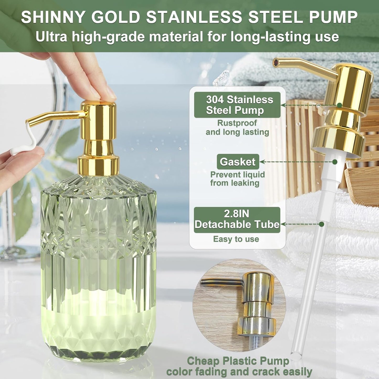 Premium Green Glass Bathroom Accessories Set (5PCS), Glass Soap Dispenser Set with Rust Proof Stainless Steel Pump, Elegant Modern Bathroom Decor Set, Gift for Valentines Day, Birthday or Housewarming