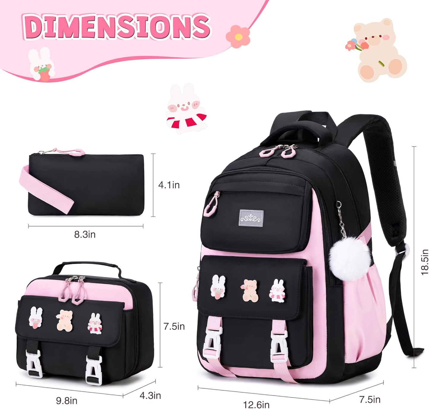 DIGOBAY Girls Backpack, School Backpack for Girls with Lunch Box Pencil Case Set for Teen Kids Girl Elementary Primary Middle High College School Bookbag with Cute Pins Pink