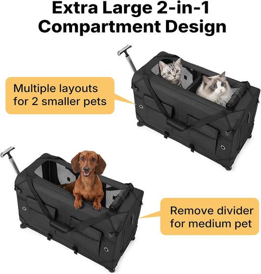 Veehoo Large Pet Carrier with Wheels for 2 Cats, Extra Long 76cm Foldable | Soft-Sided Rolling Cat Carrier for 2 Small Dogs, Removable Divider, Telescopic Handle, 76× 38× 51 cm, Black