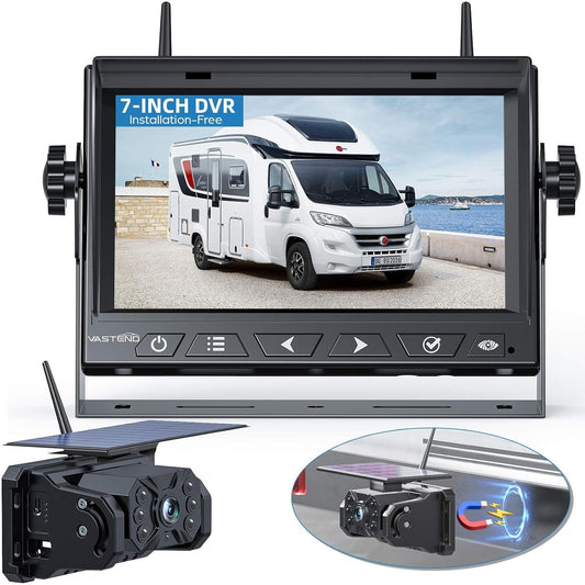 Magnetic Solar Wireless Backup Camera No Installation VASTEND 7'' Rear View Camera for Car No Delay 10000mAh Rechargeable RV Backup Camera 1080P for Truck Trailer Camper (VS-7A)