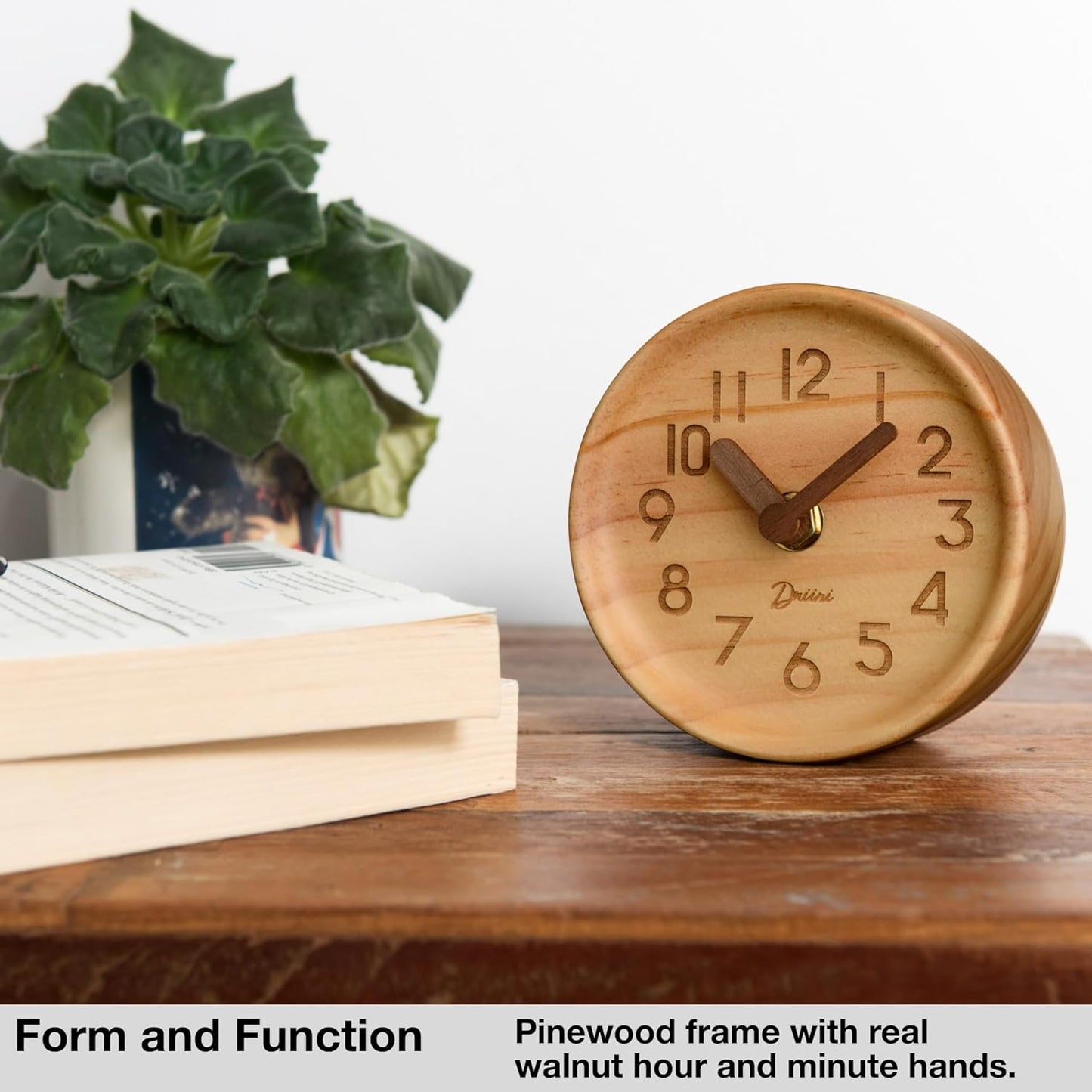 Driini Wooden Analog Desktop Clock – 4.3 in. Decorative Pinewood Clock, No-Tick Design – Easy to Read Silent Sweep Mantle Clock – Quiet Tabletop Clocks with Wood Body, Hands, & Battery Cover; White