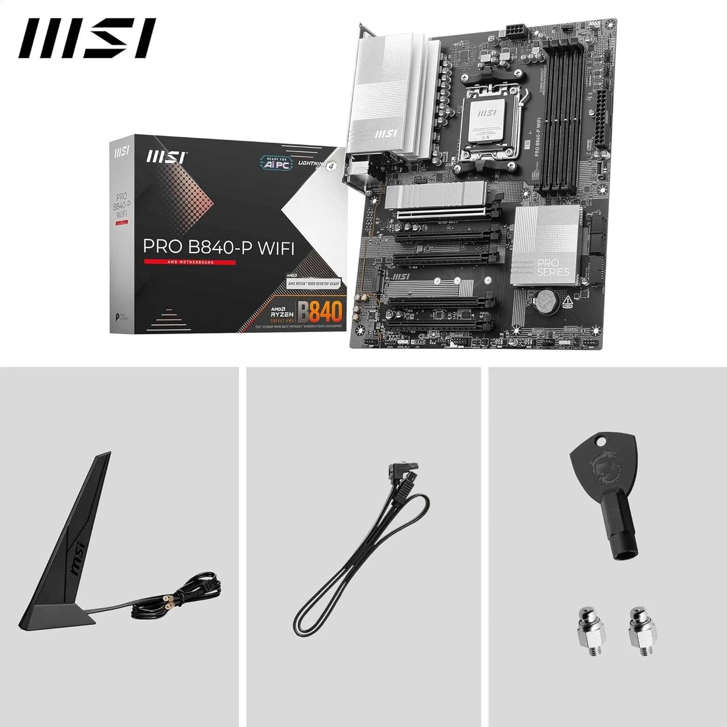 MSI PRO B840-P WiFi ProSeries Motherboard (AMD Ryzen 9000/8000/7000 Series Processors, AM5, DDR5, PCIe 4.0, M.2, SATA 6Gb/s, USB 3.2 Gen 2, HDMI/DP, Wi-Fi 6E, Bluetooth 5.3, 2.5Gbps LAN, ATX)