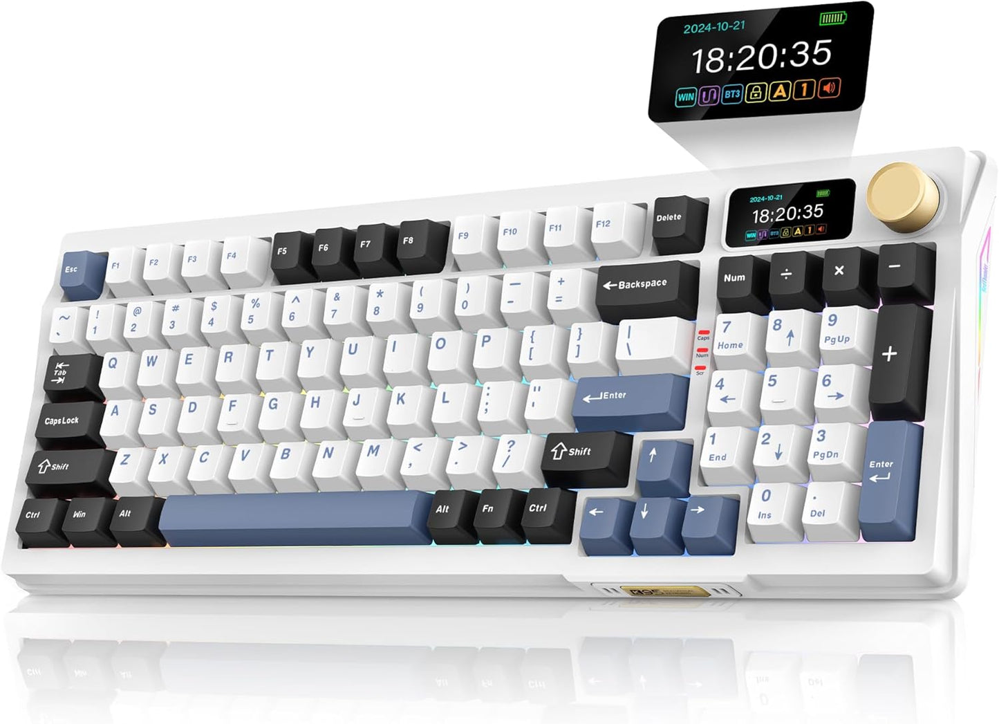 RedThunder K95 Wireless Mechanical Keyboard,TFT Screen & Knob, Tri-Mode BT5.0/2.4GHz/USB-C Hot Swappable Custom, Pre-lubed Linear Switches,Gasket Structure, RGB Gaming Keyboard for WIN/IOS, White-Blue