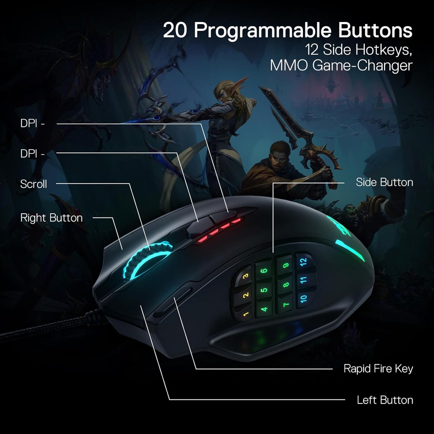 Redragon M913 Impact Elite Wireless Gaming Mouse, 16,000 DPI Wired/Wireless RGB Mouse with 16 Programmable Buttons, 45 Hr Battery and Pro Optical Sensor, 12 Side Buttons MMO Mouse