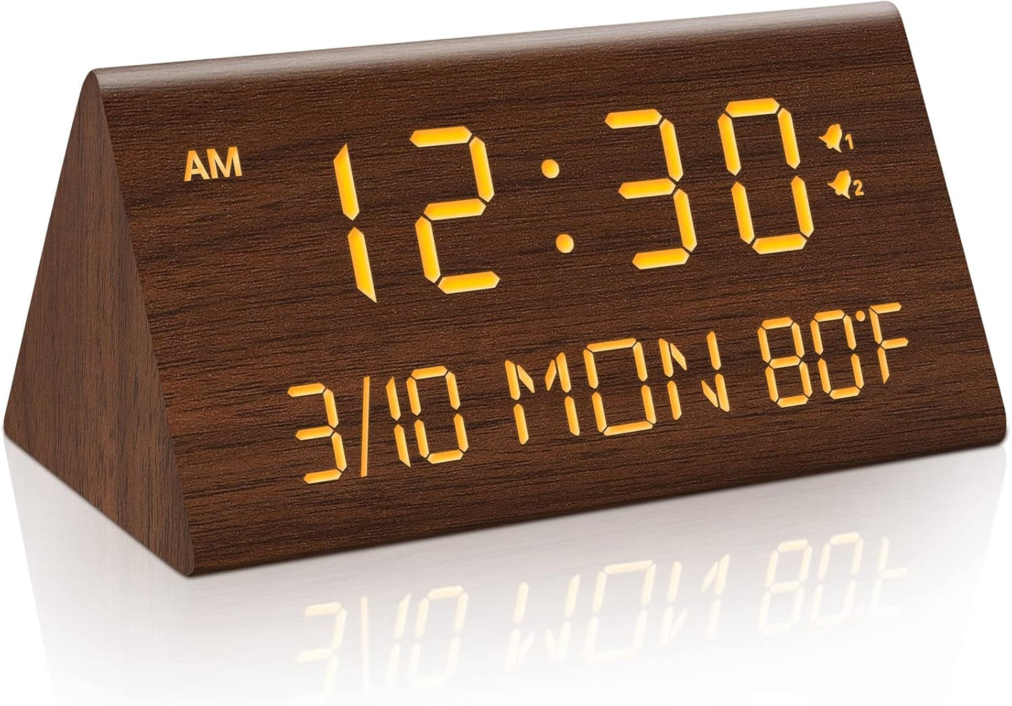 Kogonee Wooden Digital Alarm Clock, 0-100% Dimmer, 2 Alarm Settings, Weekday/Everyday Mode, 9 Mins Snooze, 12/24H, Temperature and Date Display for Office, Travel, Bedroom Alarm Clock (White)