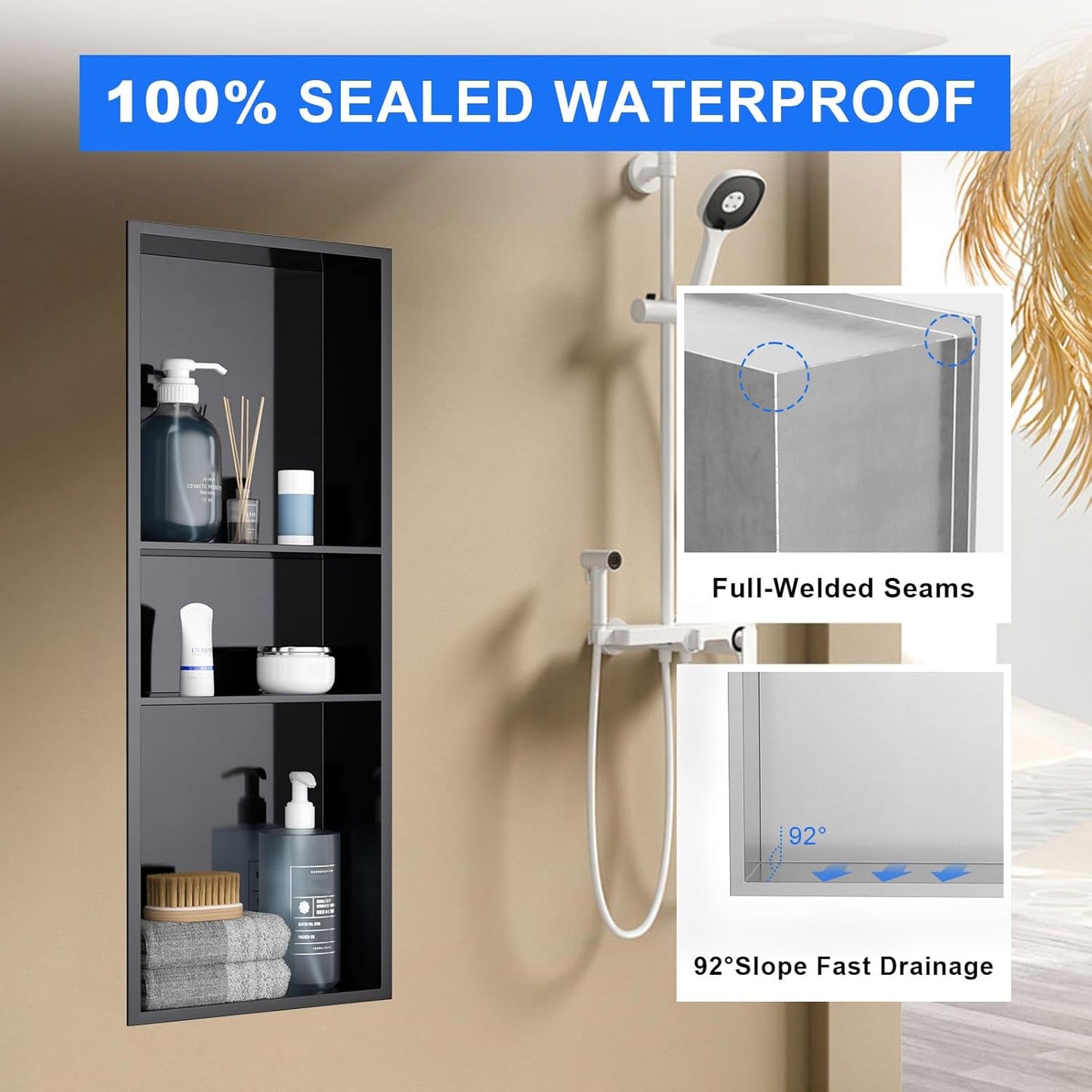 MENATT No Tile Shower Niche, Stainless Steel Wall Niche 13"X19"(Inner Size 12"X18"), Two-Tier Bathroom Shelf, NO Tile Needed Recessed Niche Shower for Bathroom Storage, Black