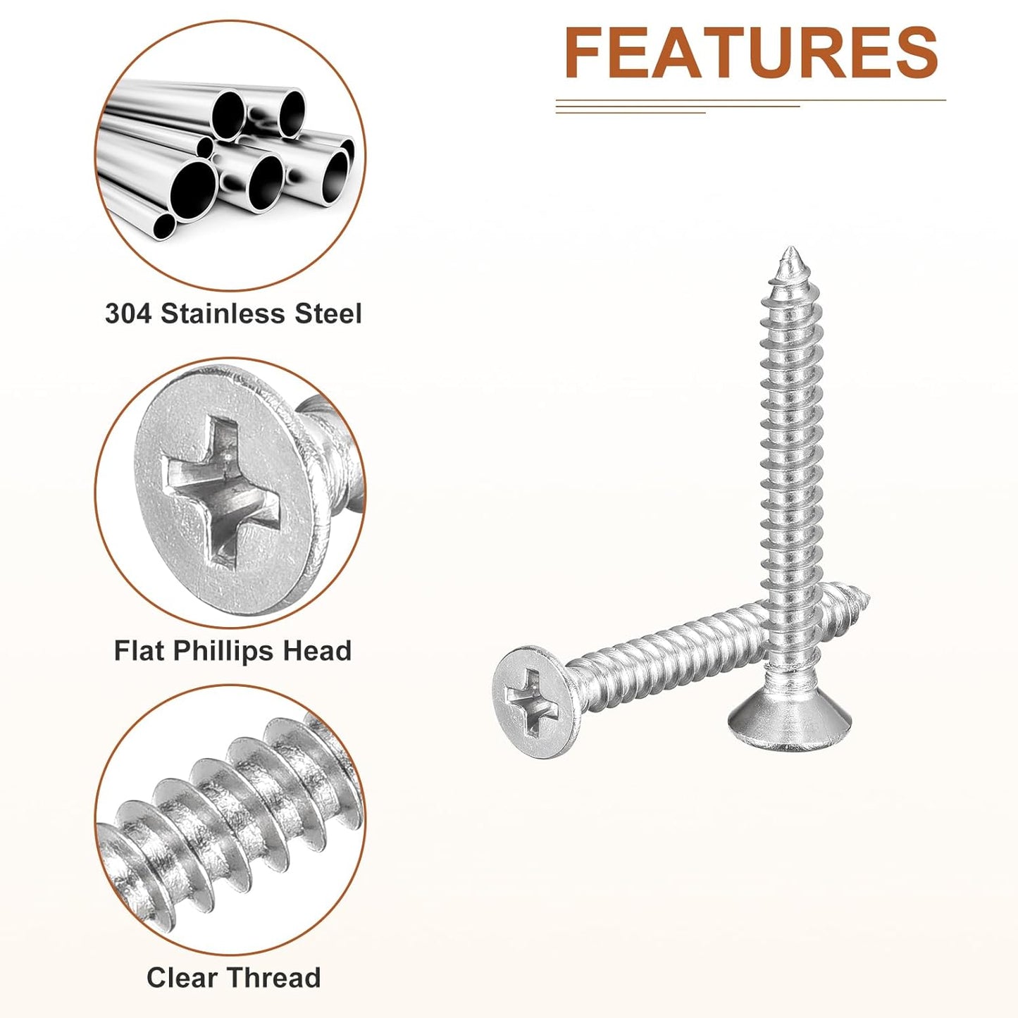 DTGN 100Pcs #8x1 Flat Head Wood Screws, 304 Stainless Steel Phillips Self Tapping Screws - Good for Woodworking, Furniture - Silver