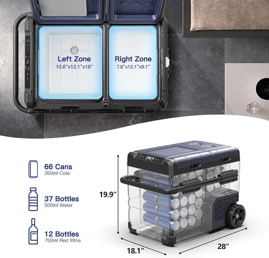 BODEGACOOLER 12V Portable Refrigerator Dual Zone 48 Quart, 45L Portable Car Fridge Freezer, -4℉-68℉℉ Car Cooler WIFI APP Control 12/24V DC and 100-240V AC for Camping,Travel, Home Use