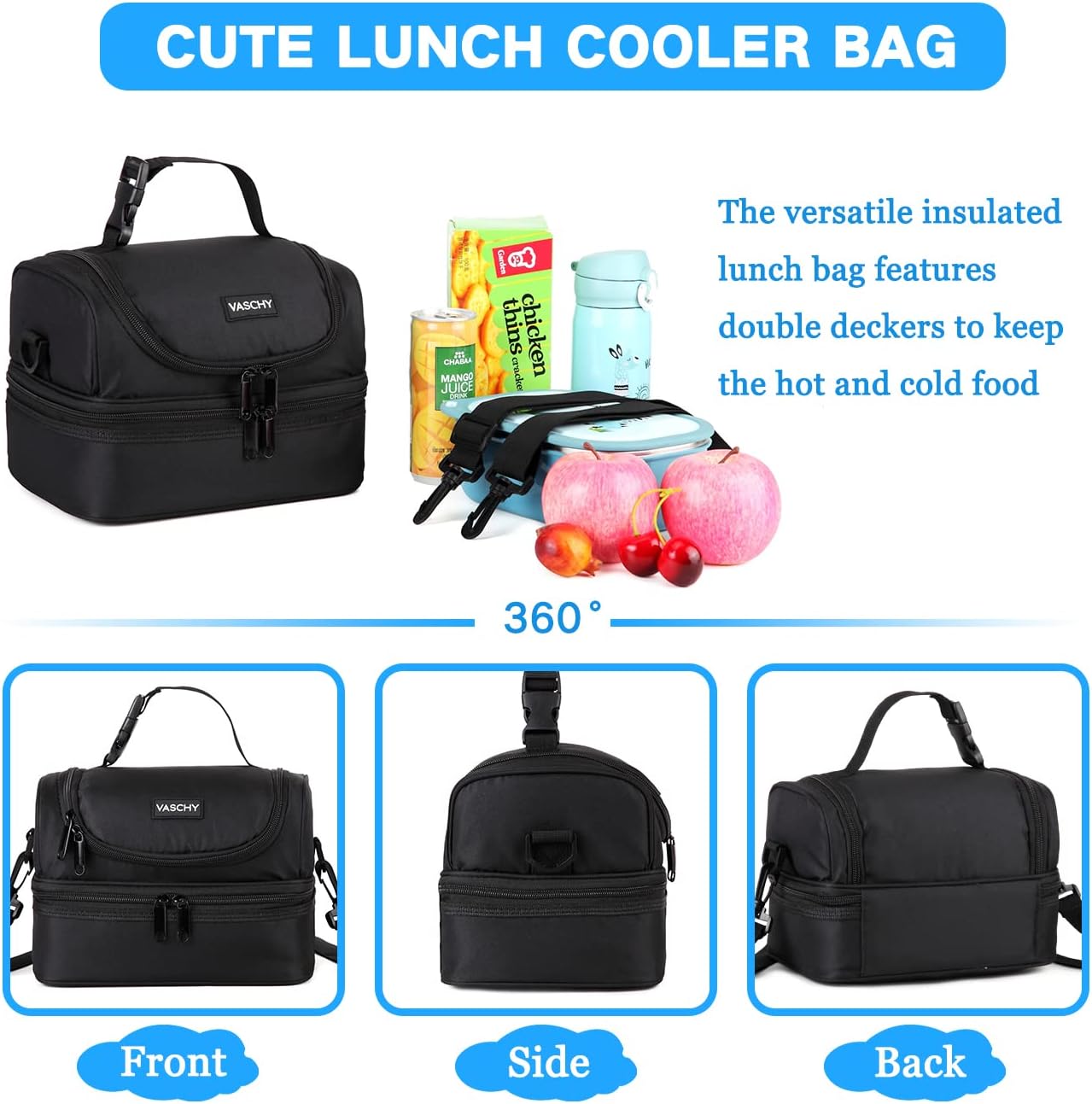 VASCHY Lunch Box Bag Men, Insulated Two Compartments Bento Cooler Bags for Adults/Women/Kids for School,Daycare,Kindergarten,Picnic Black